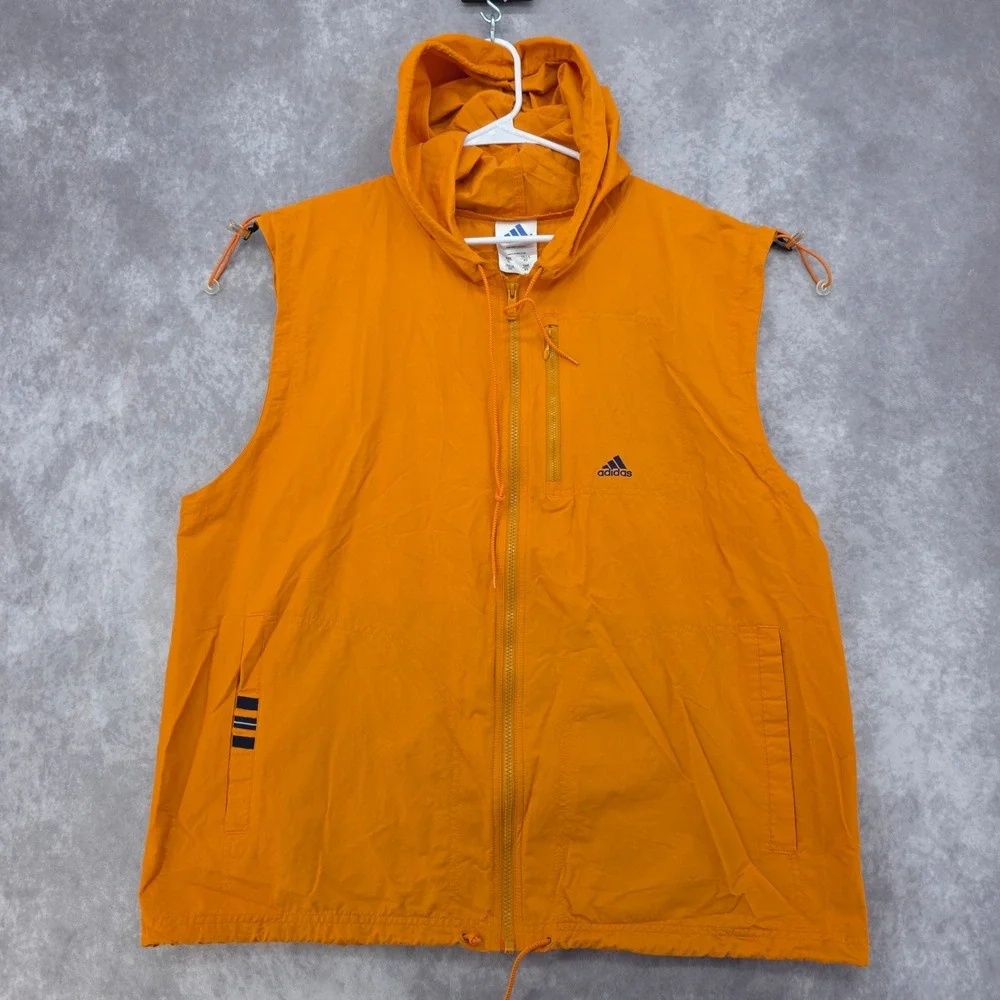 Vintage Adidas Mens XL Orange Sleeveless Hooded Windbreaker Vest Full Zip Y2K